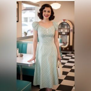 COLLECTIF VINTAGE green/white polka dot dress size extra small